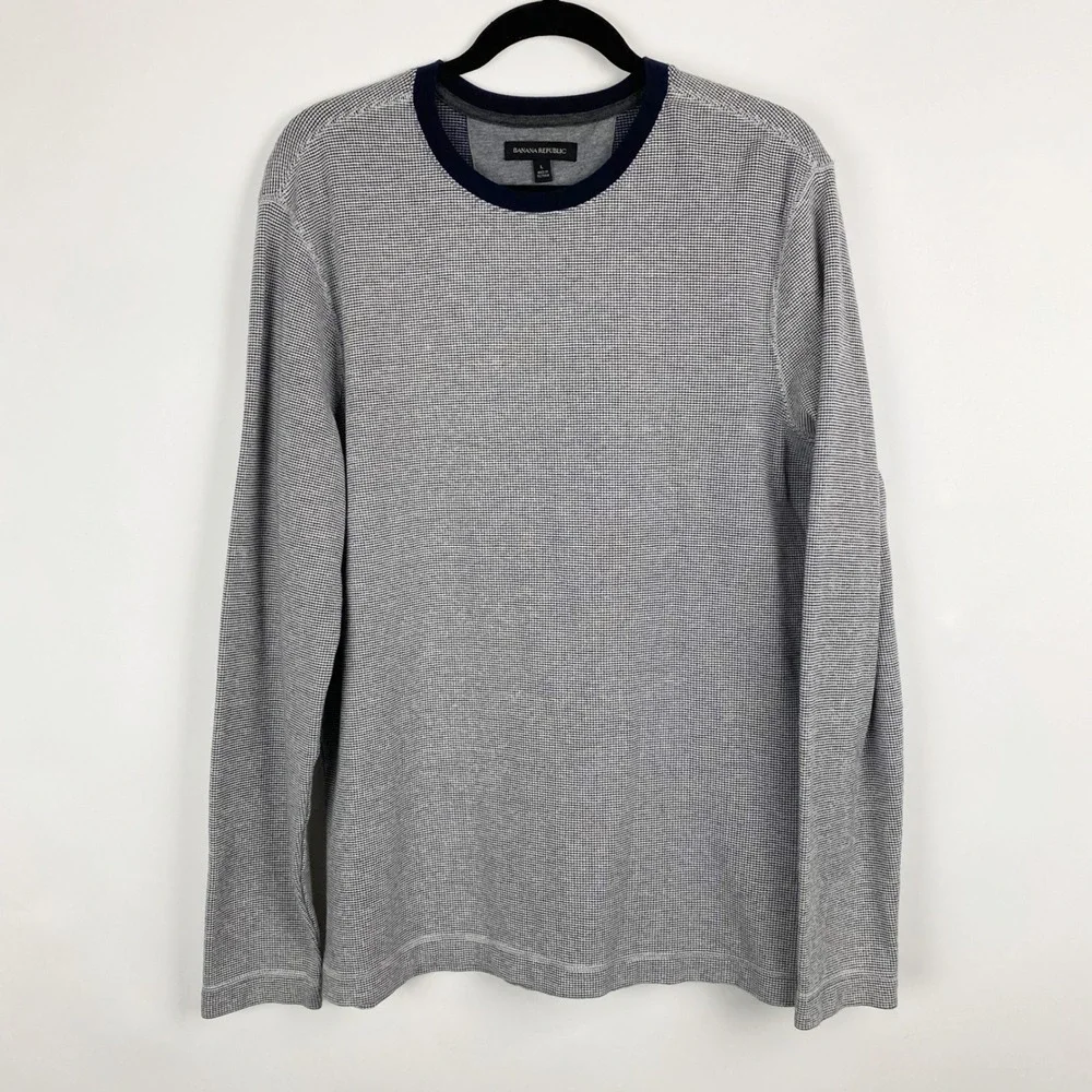Banana Republic Waffle Knit LS Pullover Shirt Mens L Gray‎ Navy Crew Neck